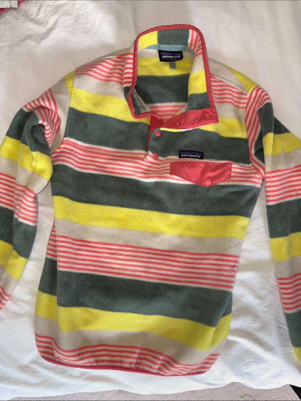 Patagonia Striped Snap-T Fleece Pullover - Yellow, Green, Coral, Cream